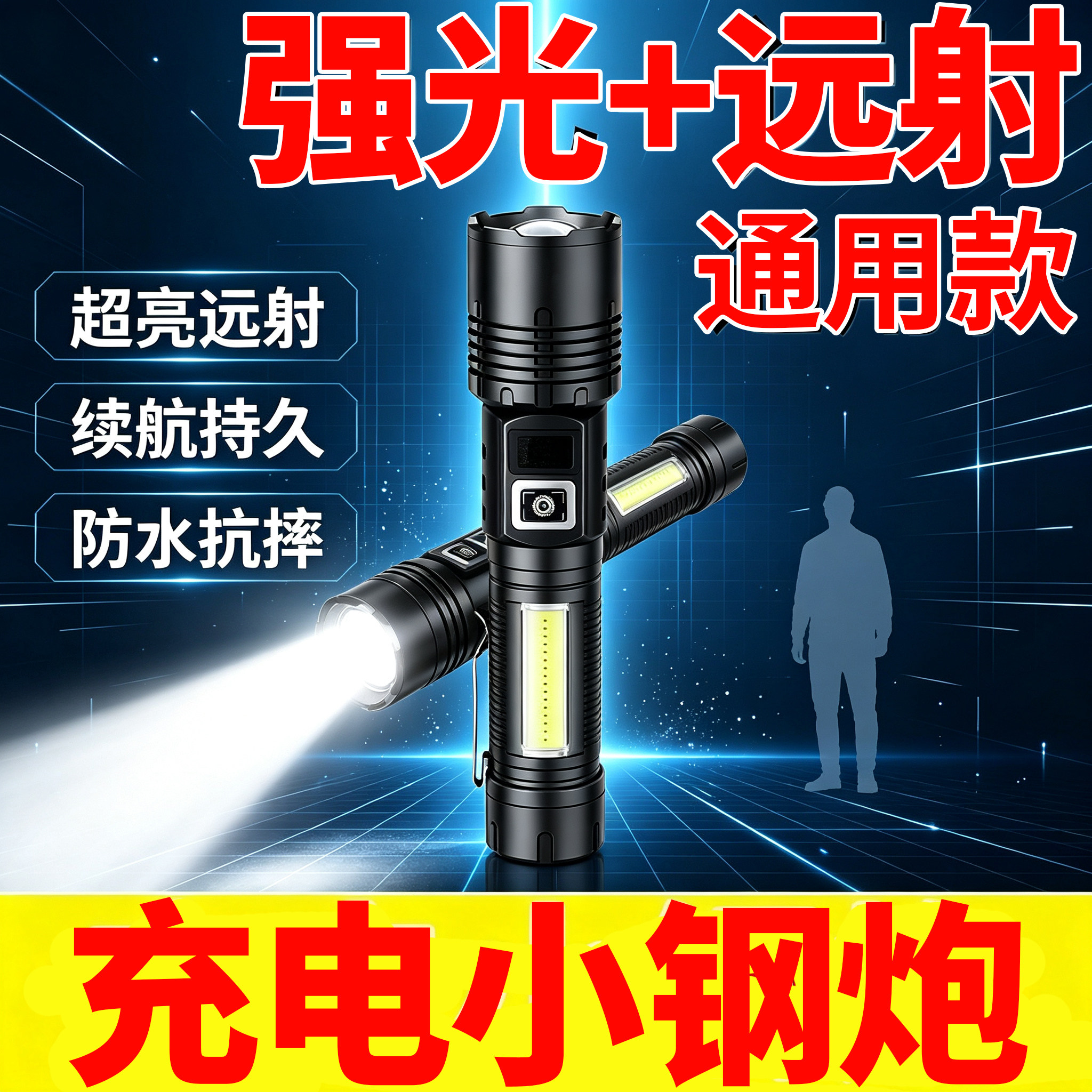 100%正品】德国小钢炮强光手电筒Type-C充电户外变焦远射LED超亮