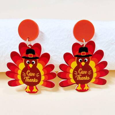 卡通动物感恩节耳环创意火鸡Give Thanks趣味耳坠节日派对耳饰