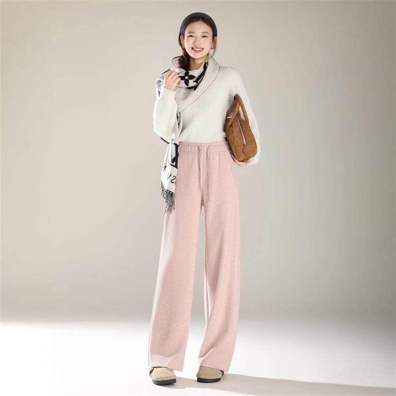 2025爆款粉色毛呢阔腿裤户外宽松直筒拖地加绒糯米针织裤子女款冬
