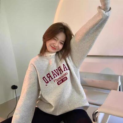 灰色无帽圆领加绒卫衣女宽松中长款秋冬韩版加厚bf慵懒风长袖上衣