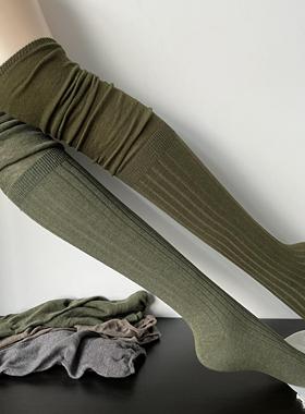 时髦复古苔藓绿色过膝长筒袜女秋冬季薄棉竖条纹拼接咖啡棕色高筒