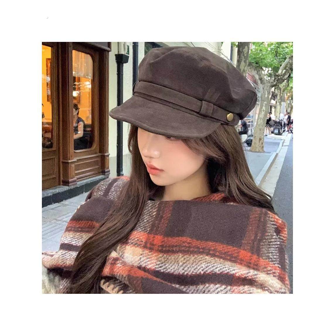 入秋氛围感美拉德~棕色麂皮平顶报童帽女秋冬覆古英伦八角画家帽