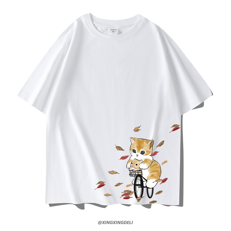 樱花落叶可爱猫咪主题T恤男女夏季纯棉宽松落肩短袖t-shirt半截袖