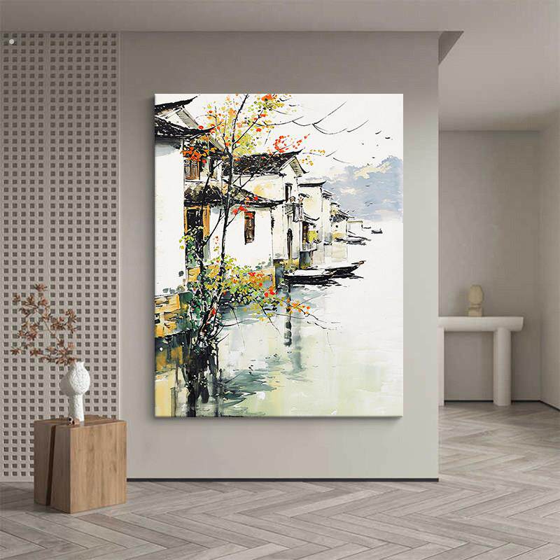 江南水乡山水风景客厅背景墙装饰画水墨画纯手绘油画玄关挂画壁画