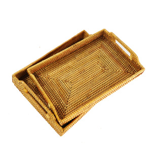 饰整理筐家用品 手工藤编长方形托盘茶盘茶具收纳盘存储桌面装