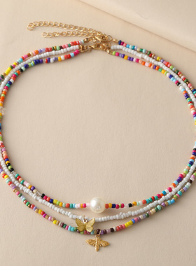 创意吊坠彩色米珠锁骨链波西米亚短款珍珠吊坠项链3件套