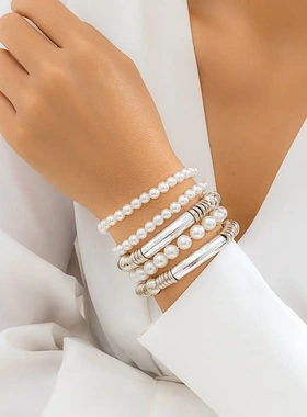 欧美饰品 复古仿珍珠braelet金属感手镯 简约多件套串珠手链