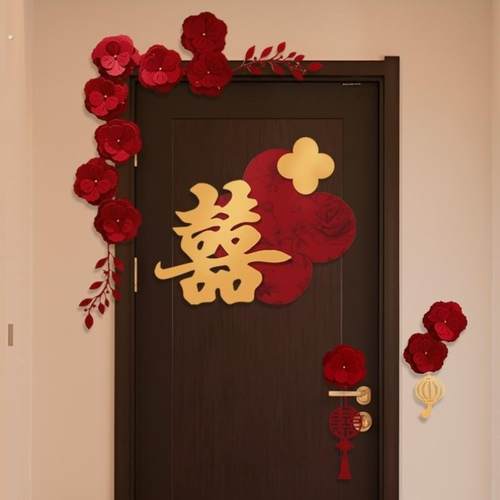 婚房门上装饰结婚氛围布置套装男方女方卧室全套婚礼喜字门贴挂饰