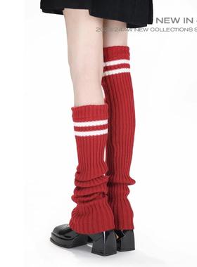 红色腿套秋冬针织撞色覆古条纹7m新年过膝长筒彩色袜套堆堆袜女