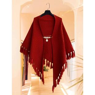女装婚纱红色小披肩羊毛羊绒春秋三角围巾流苏式快乐婆婆婚礼女孩