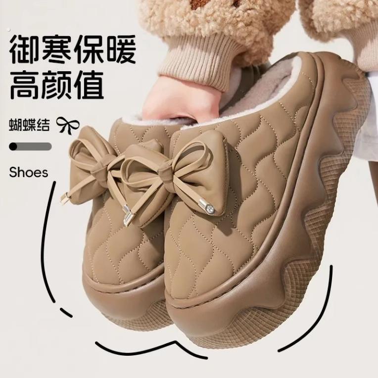蝴蝶结棉拖鞋女秋冬季亲子小女孩外穿防水增高保暖潮流棉拖女款冬