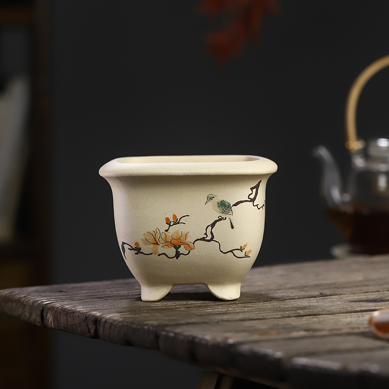 清香阁紫砂 匠人手工圆角四方盆 彩绘古典桌面微型花盆多肉绿植花