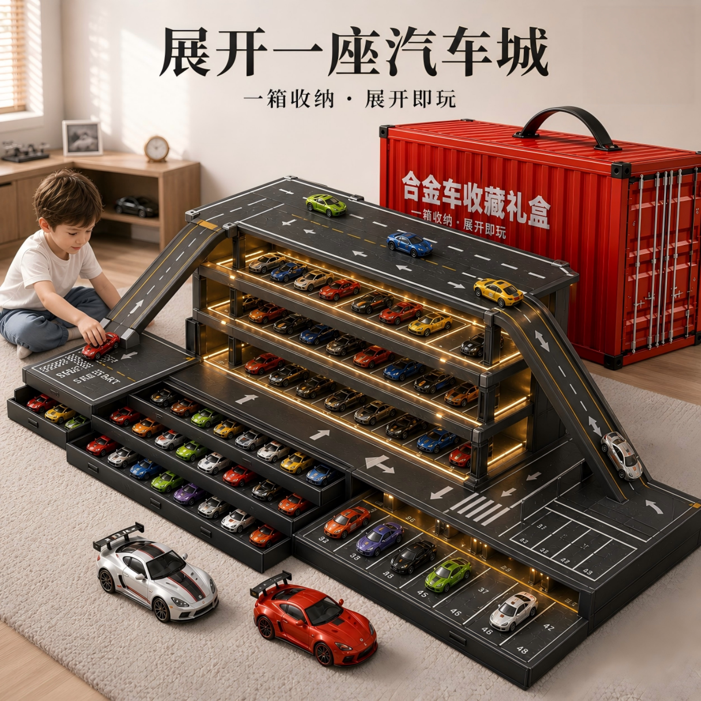 儿童玩具车男孩3一6岁合金小汽车回力滑行停车场赛车套装生日礼物