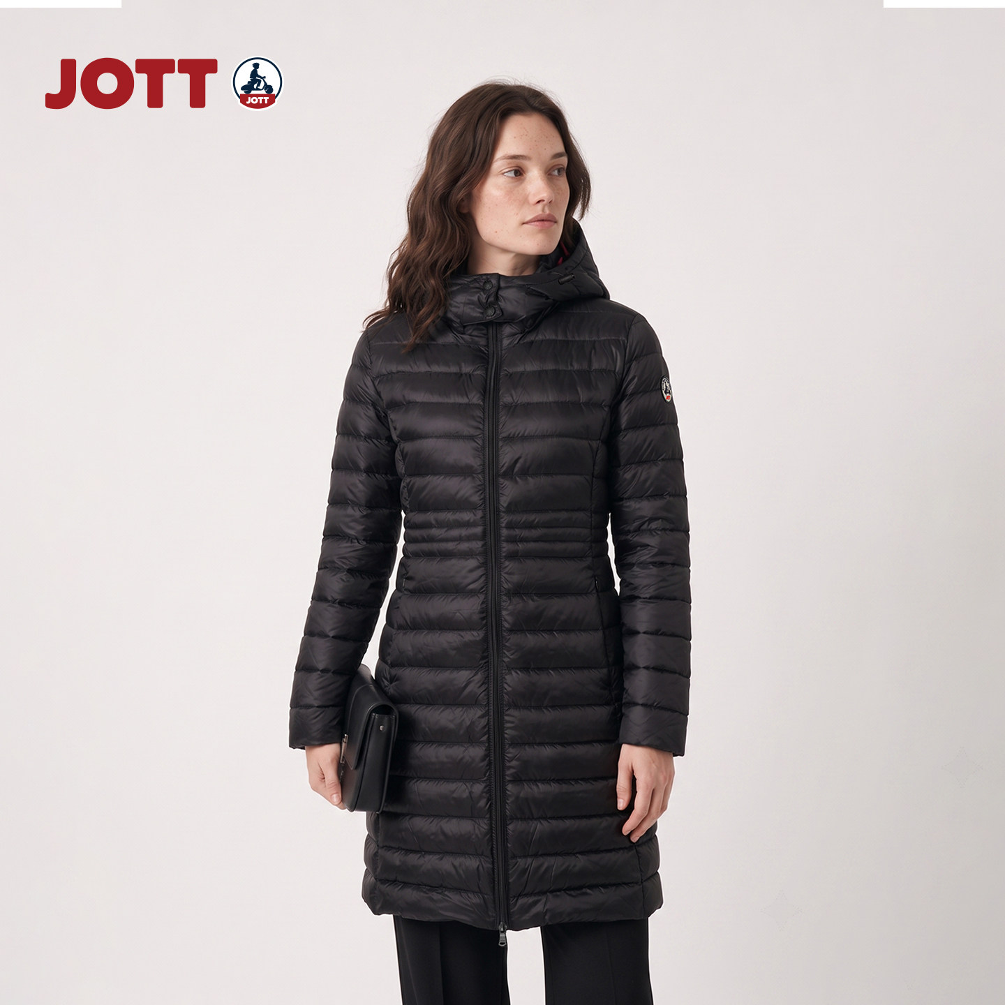 JOTT/轻薄中长款修身连帽羽绒服 简约时尚长袖外套 女士秋冬新款