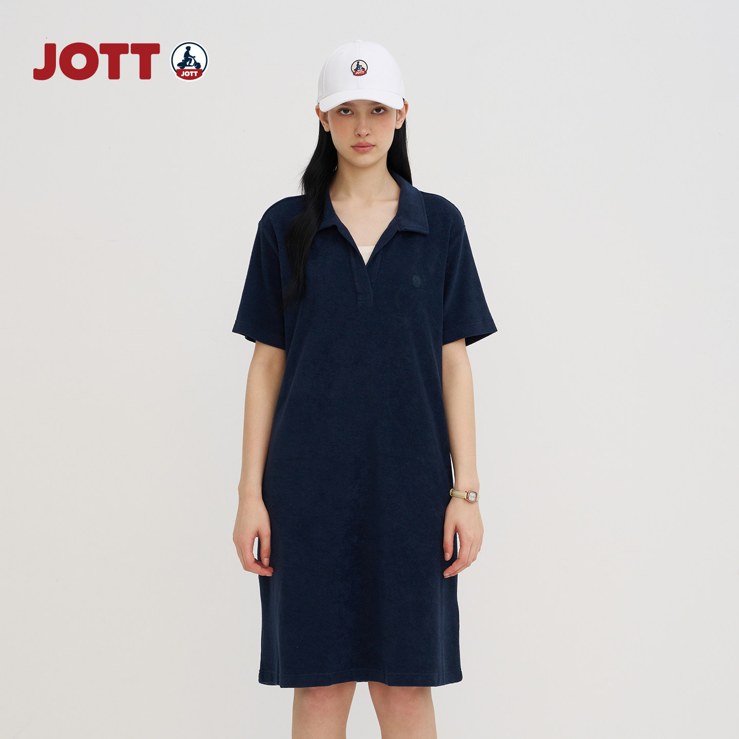 JOTT/毛巾手感面料亲肤舒适V领短袖polo连衣裙中长款裙子女士夏季