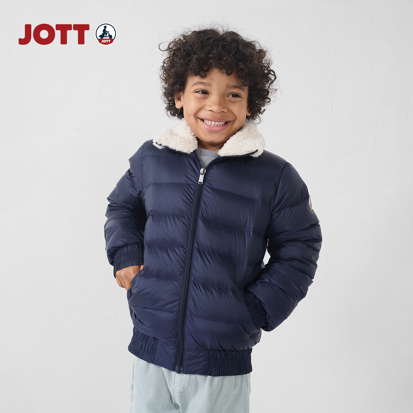 JOTT/仿羊羔绒翻领羽绒服 方格男女童装外套 长袖纯色儿童秋冬款图片