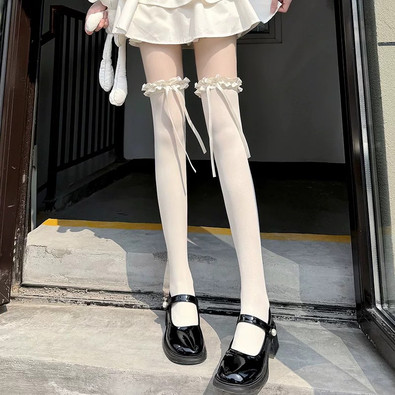 lolita白丝过膝袜夏天花边长筒袜