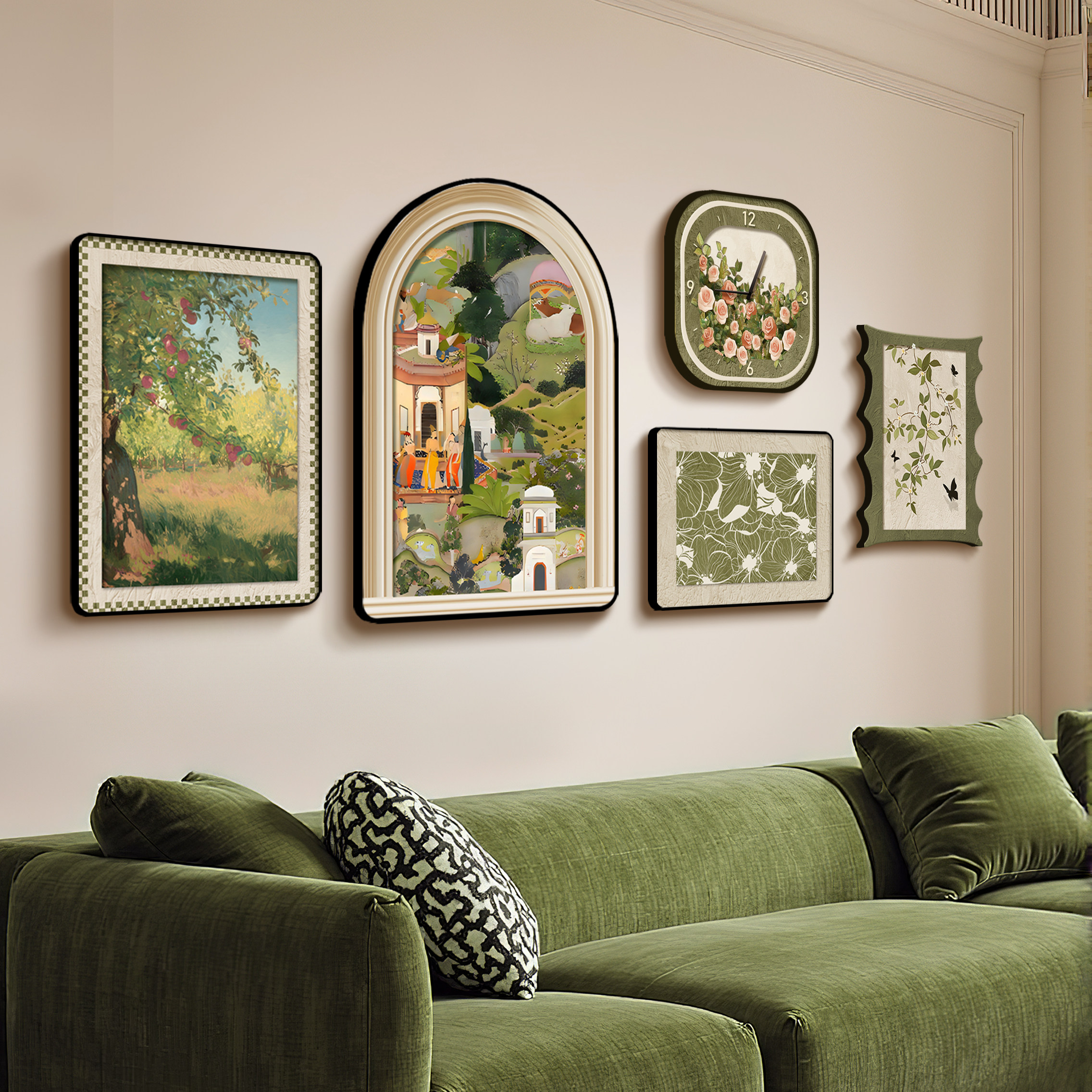 法式复古客厅装饰画中古风创意组合沙发背景墙挂画艺术带钟表壁画