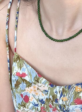 显白绿色玉髓串珠碧玉色新中式项链元宝扣锁骨链