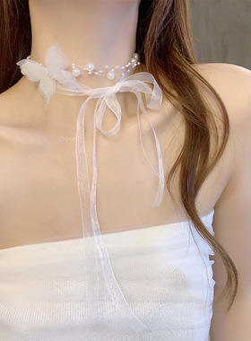 超仙纯欲风蕾丝蝴蝶锁骨链气质小众高级感白色蕾丝项链女饰品