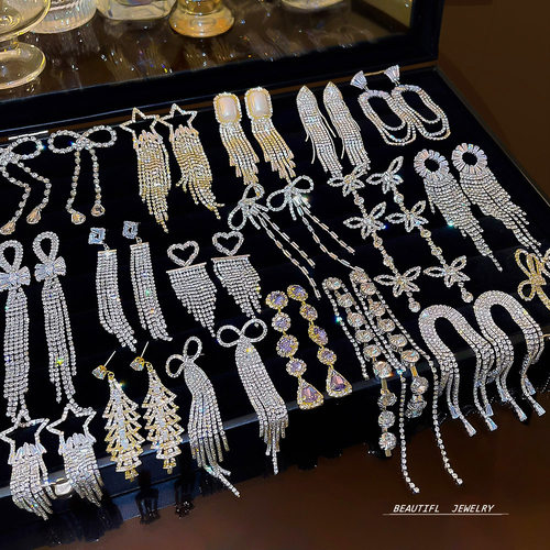 s925银针夸张长款锆石流苏耳环轻奢高级感精致耳钉时尚个性耳饰女