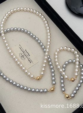 琛墨个性时尚灰色人造珍珠项链圆形半球磁铁锁骨链冷淡风颈链