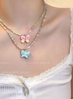 泫雅风~彩色串珠蝴蝶项链女夏季甜美气质配饰2025年新款锁骨链潮