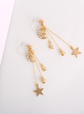 源头货源s925银针新品长款耳饰星星月亮耳坠少女心耳夹女吊坠耳环