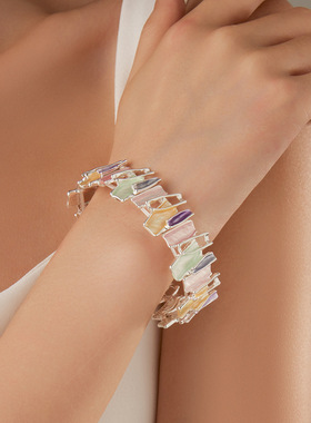 新款不规则彩色滴油合金手镯 手工画油创意几何拼接女士手链