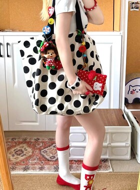 韩系简约波点单肩包包慵懒风学生上课通勤大容量托特包双面帆布包