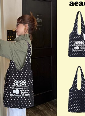 韩国aeae波点帆布包小众潮牌字母印花简约百搭单肩包大容量托特包