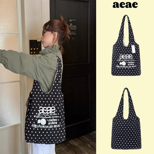 韩国aeae波点帆布包小众潮牌字母印花简约百搭单肩包大容量托特包