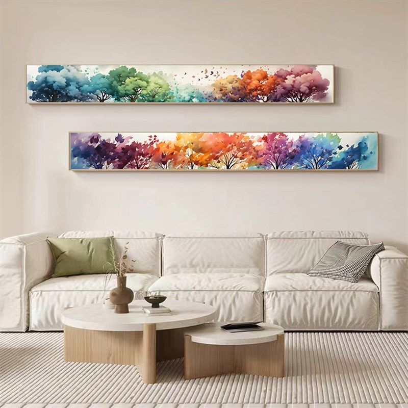 床头森林系绿植清新横版画画背景墙细窄长条挂画