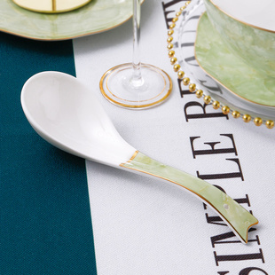 大号描金骨瓷勺子陶瓷汤勺汤匙调羹家用长柄大马戈勺汤锅配套勺子