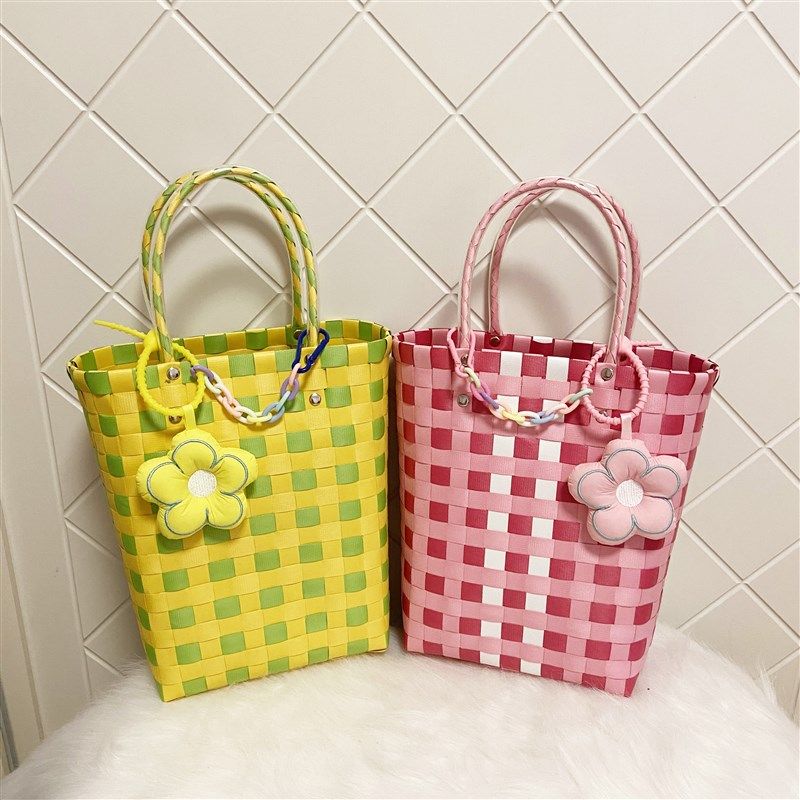 手工编织菜篮子包手提礼品收纳袋可爱彩色清新格子塑料编织篮