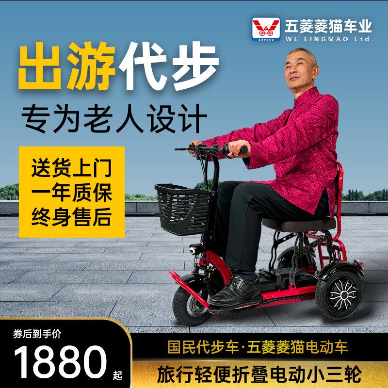 菱猫折叠电动三轮车超轻便携双人代步车残疾人
