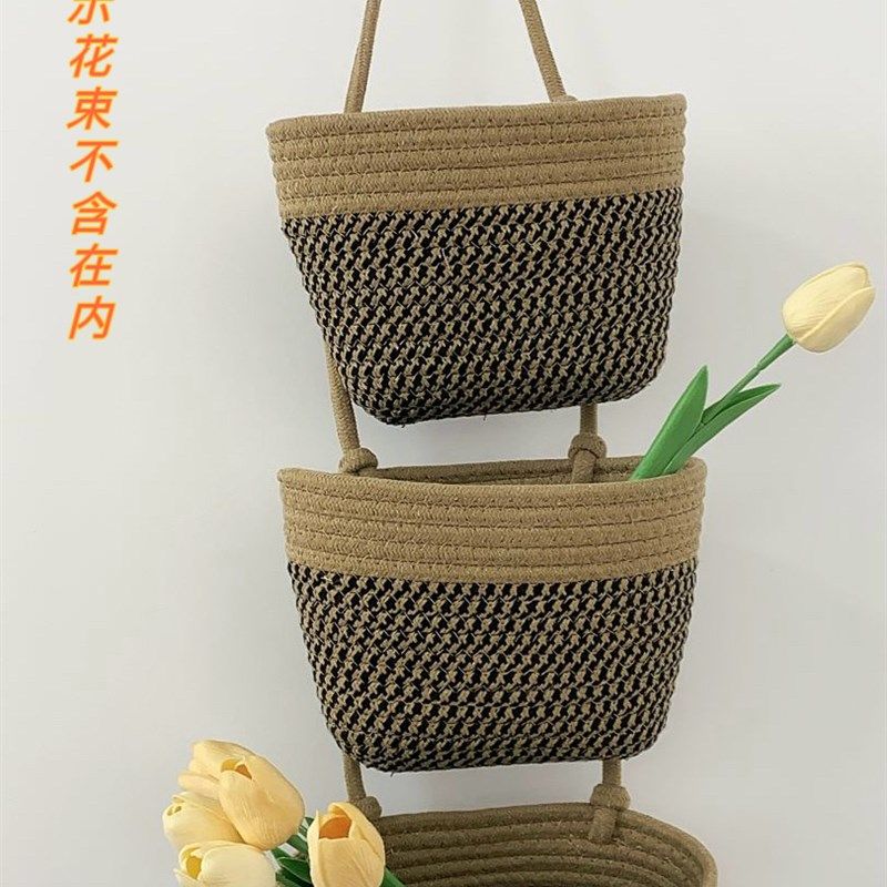 棉绳化妆品挂袋三件仿藤壁挂收纳筐色入户玄关钥匙杂物篮墙上