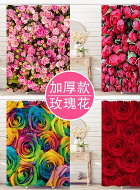 加厚浴帘背景画玫瑰花浴室窗帘免打孔卫生间干湿分离隔