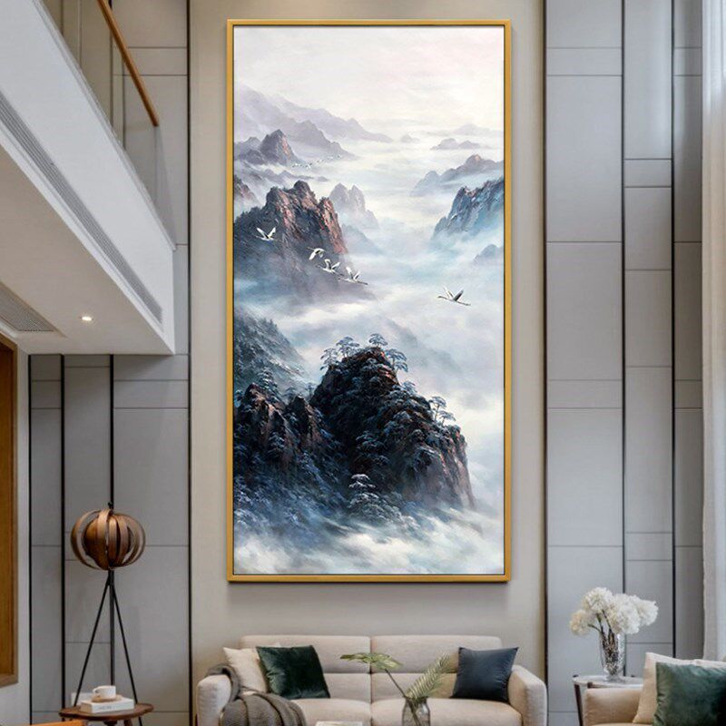中国风云雾峰手绘油画新中式玄关现代画室风景挂画