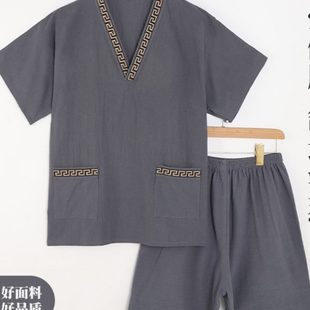 新款 纯色棉麻汗蒸服男款 浴服温泉洗浴中心桑拿足疗按摩加肥加大码