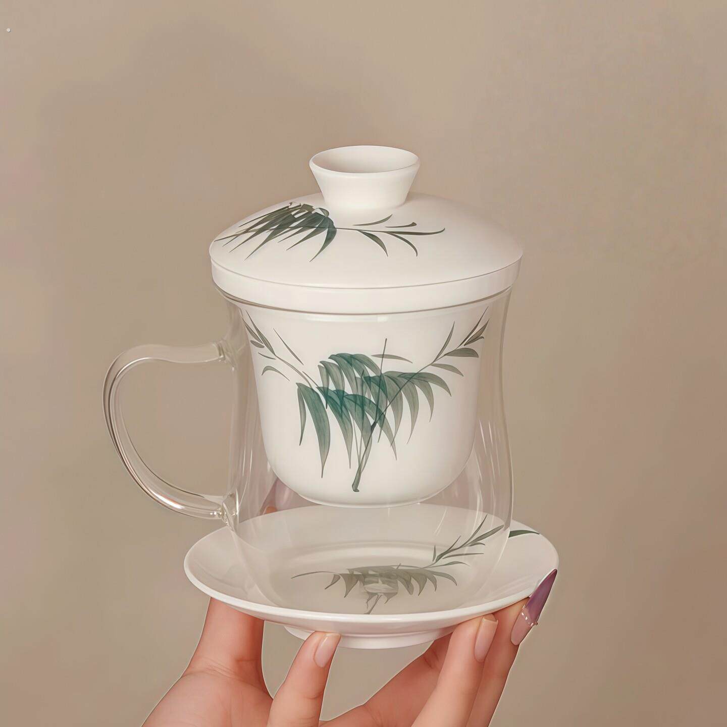 新中式国风陶瓷釉下彩耐热玻璃杯四件式透明杯泡茶杯茶汤分离水杯