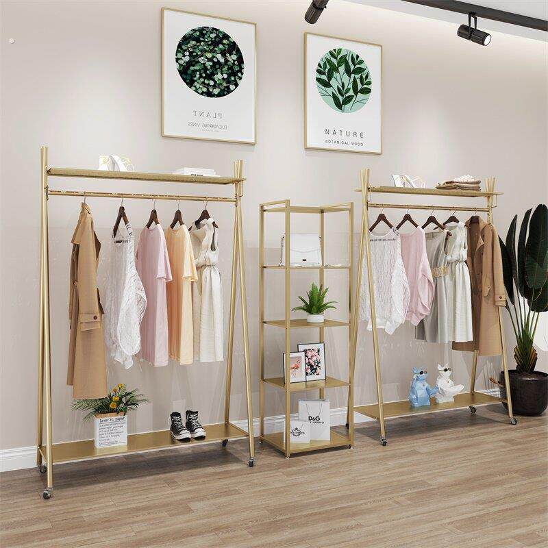 双层落地式服装店展示架组合挂衣架子挂衣杆男女装货架移动带轮子