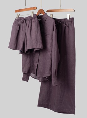 深邃显白绛紫色！佰分佰亚麻~宽松文艺长袖亚麻衬衫+短裤