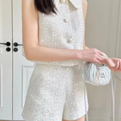日本进口薄款 亮片花呢套装 小香风马甲 Z雅25夏新 短裤 女春夏