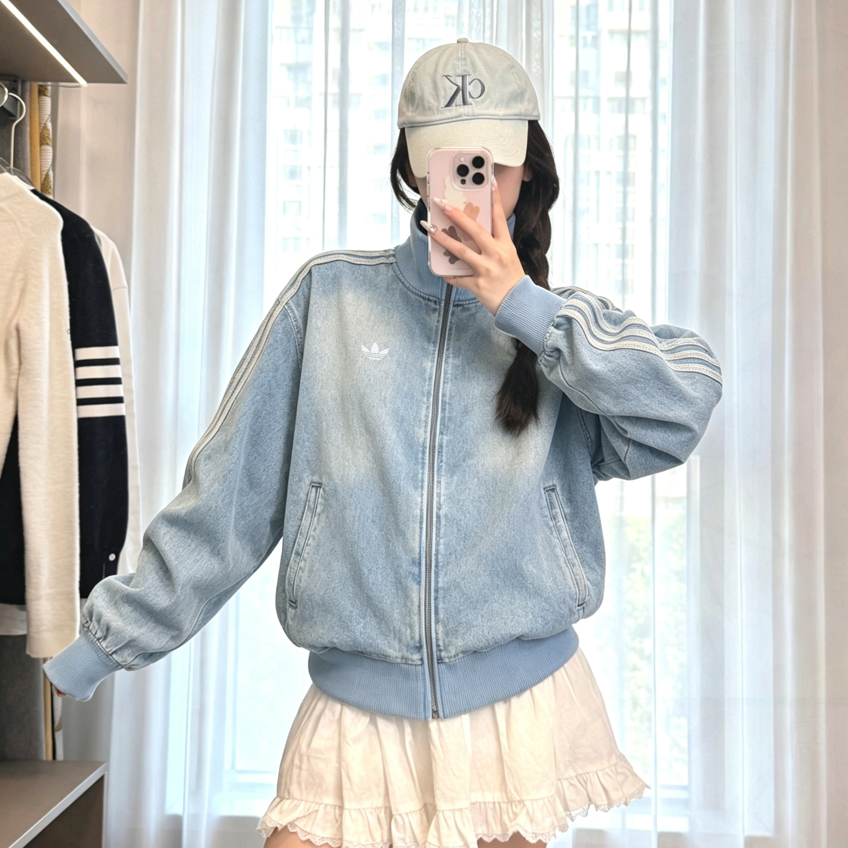 耶运动阿迪达斯三叶草女款外套26新款三条杠宽松蓝色针织牛仔夹克