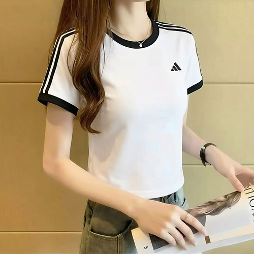 阿迪达斯女t恤2026夏季新款休闲纯棉圆领条纹半袖正品白色短袖