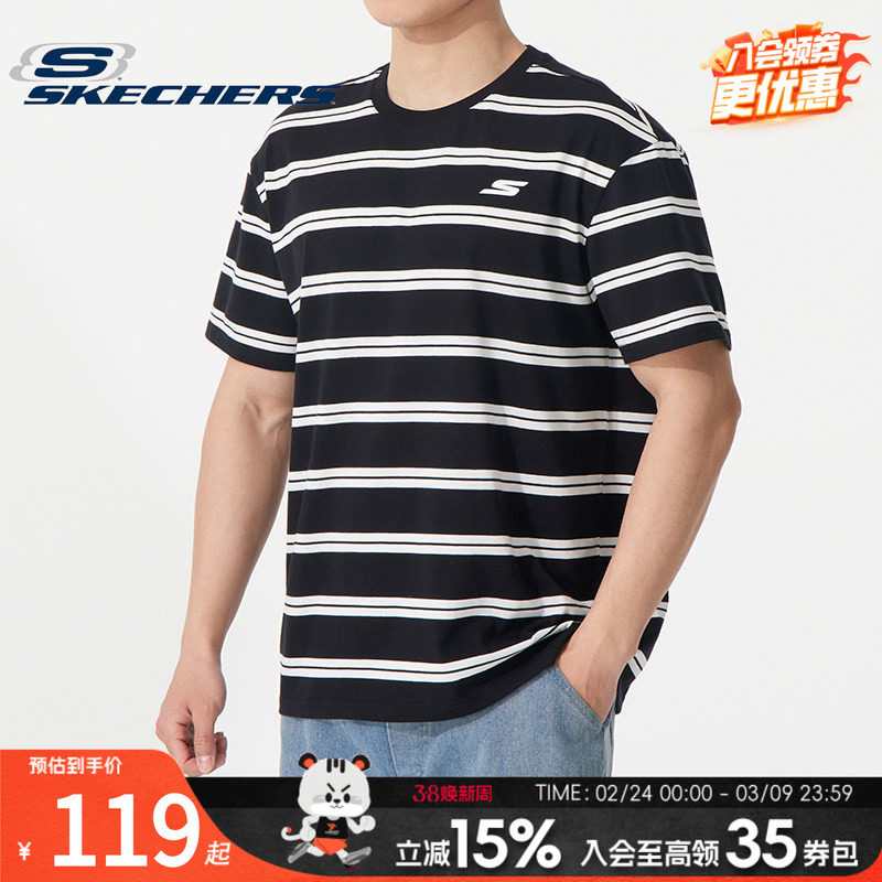 【商场同款】斯凯奇短袖T恤男女装夏季新款黑白条纹休闲运动服