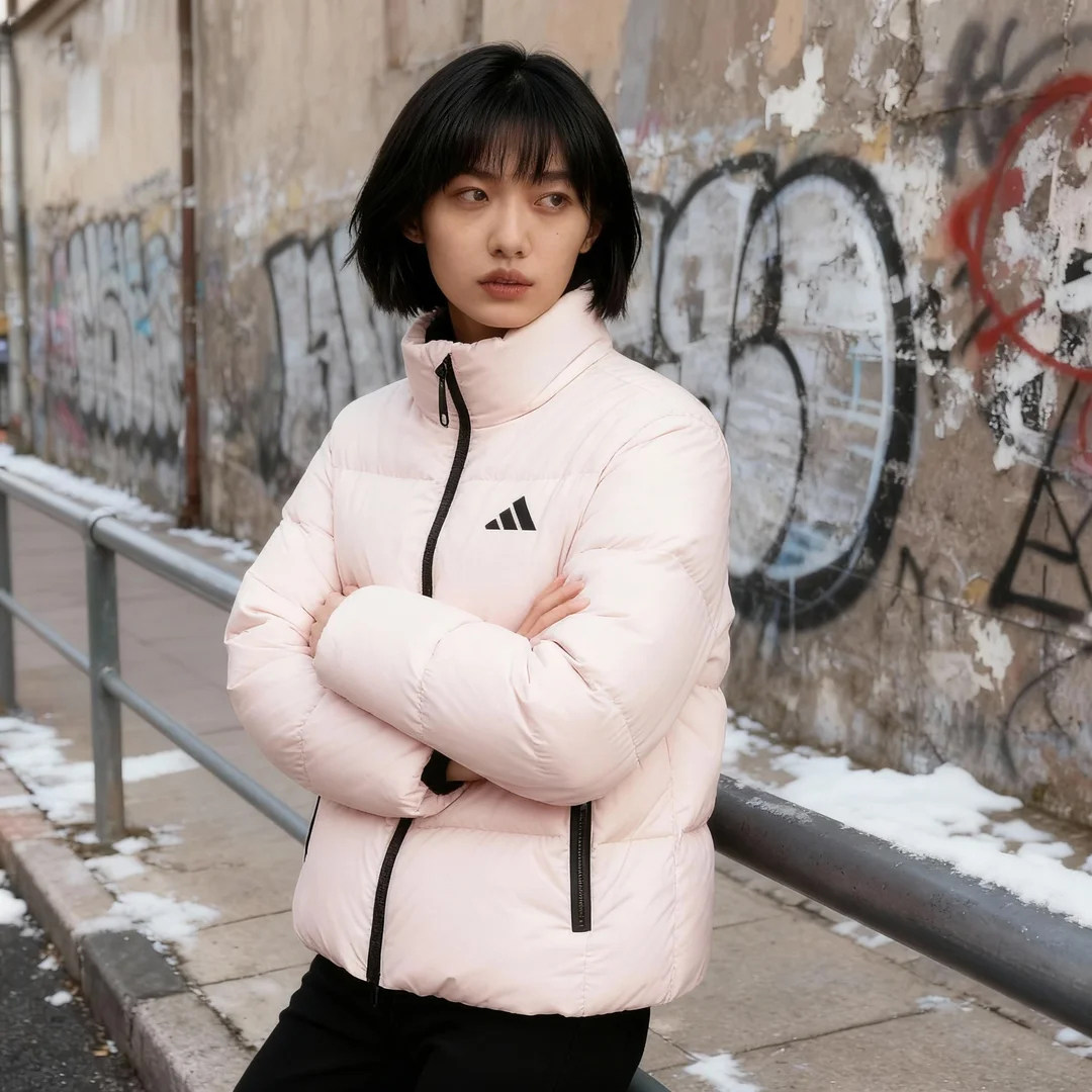耶运动阿迪达斯羽绒服女装春季新款运动休闲粉色立领羽绒外套