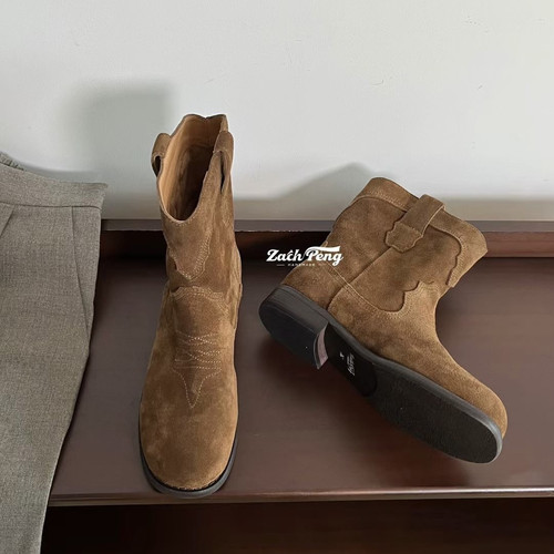 ZP新款2025头层牛皮复古风做旧系带平底女鞋浅口骑士靴经典中筒靴