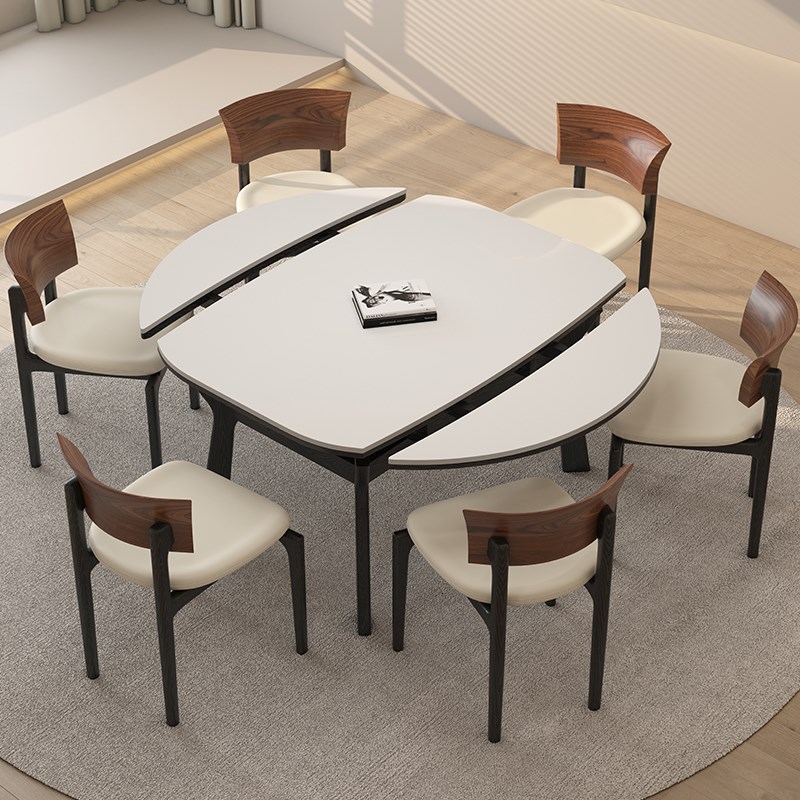 可伸缩实木岩板餐桌可变圆桌小户型家用奶油中古风原木折叠饭桌子